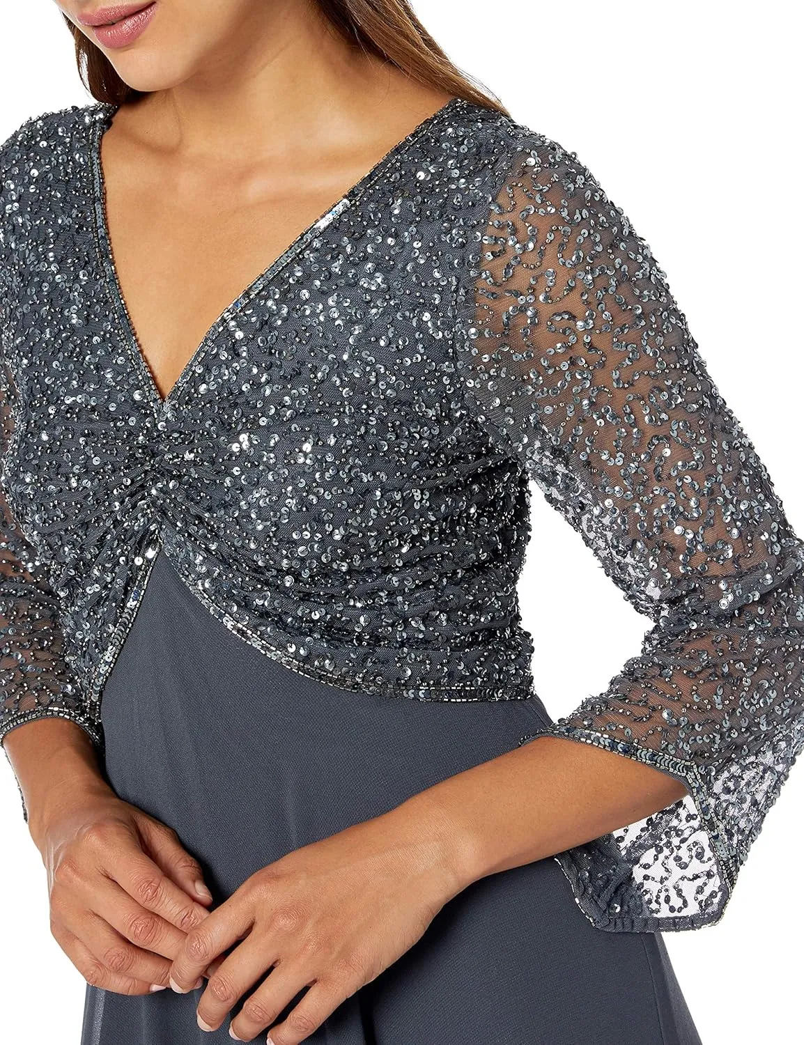 J Kara Women's Petite 3/4 Sleeve V-Neck Beaded Top Long Gown