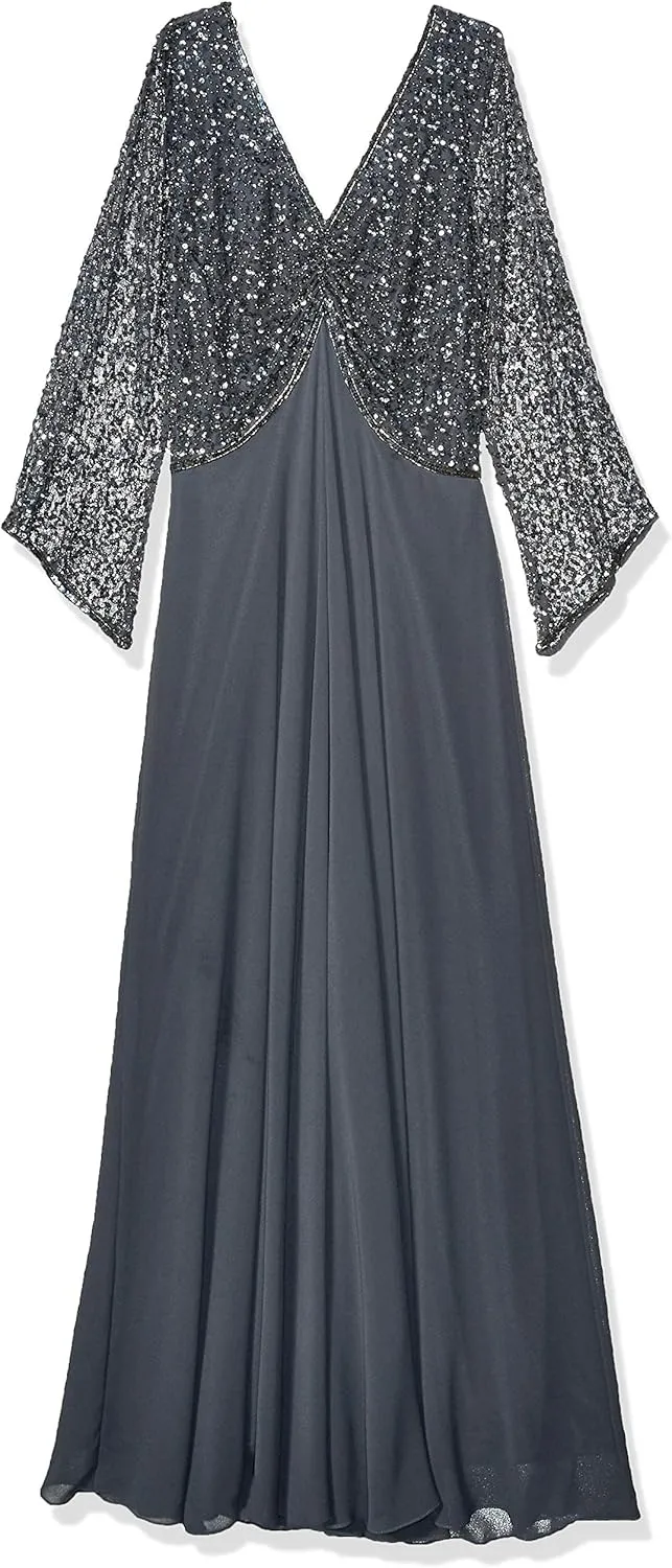 J Kara Women's Petite 3/4 Sleeve V-Neck Beaded Top Long Gown