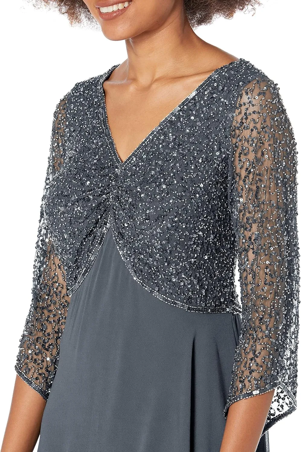 J Kara Women's Petite 3/4 Sleeve V-Neck Beaded Top Long Gown