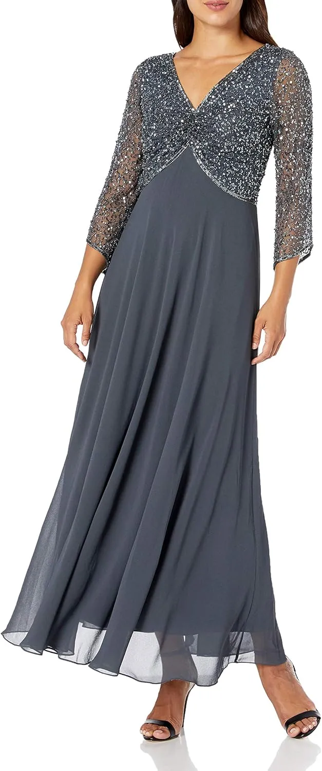 J Kara Women's Petite 3/4 Sleeve V-Neck Beaded Top Long Gown
