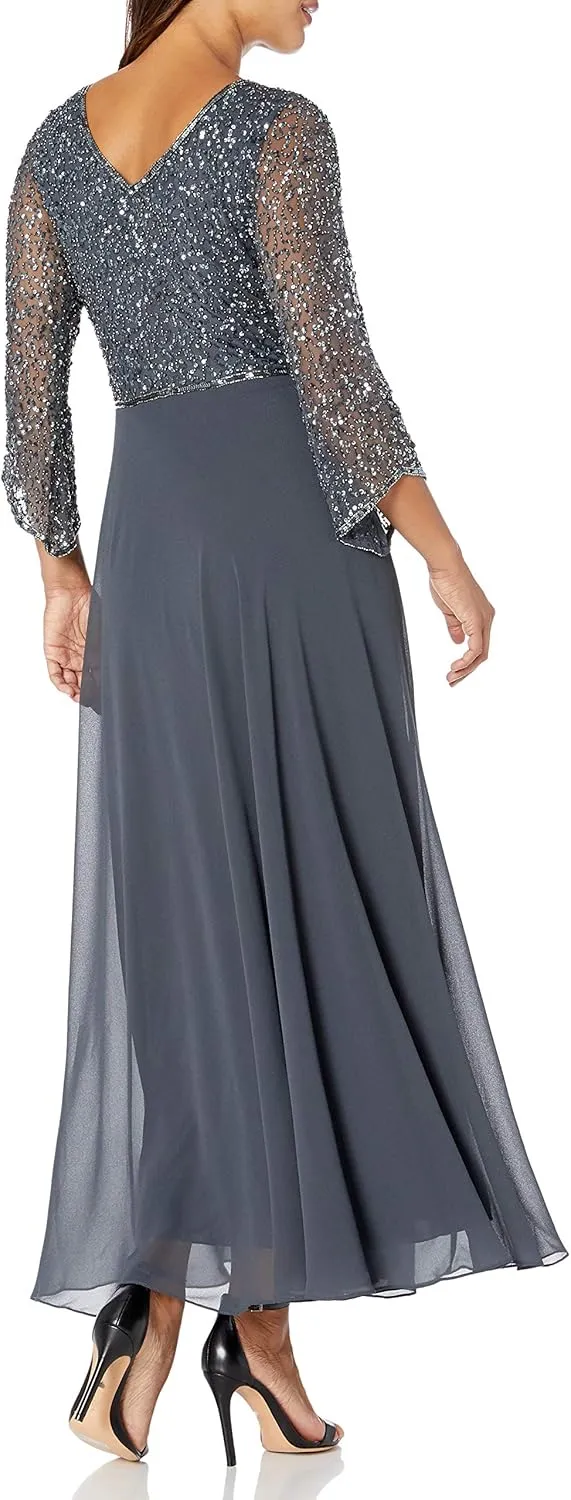 J Kara Women's Petite 3/4 Sleeve V-Neck Beaded Top Long Gown