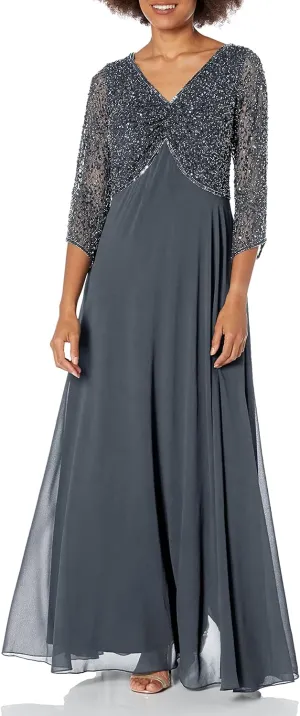 J Kara Women's Petite 3/4 Sleeve V-Neck Beaded Top Long Gown