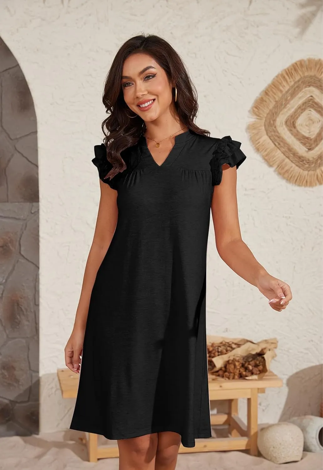 Jayscreate Women's 2025 Ruffle Sleeve A-line Dress T Shirt Flowy Swing Short Sleeve Summer Casual Beach Dress Sundress
