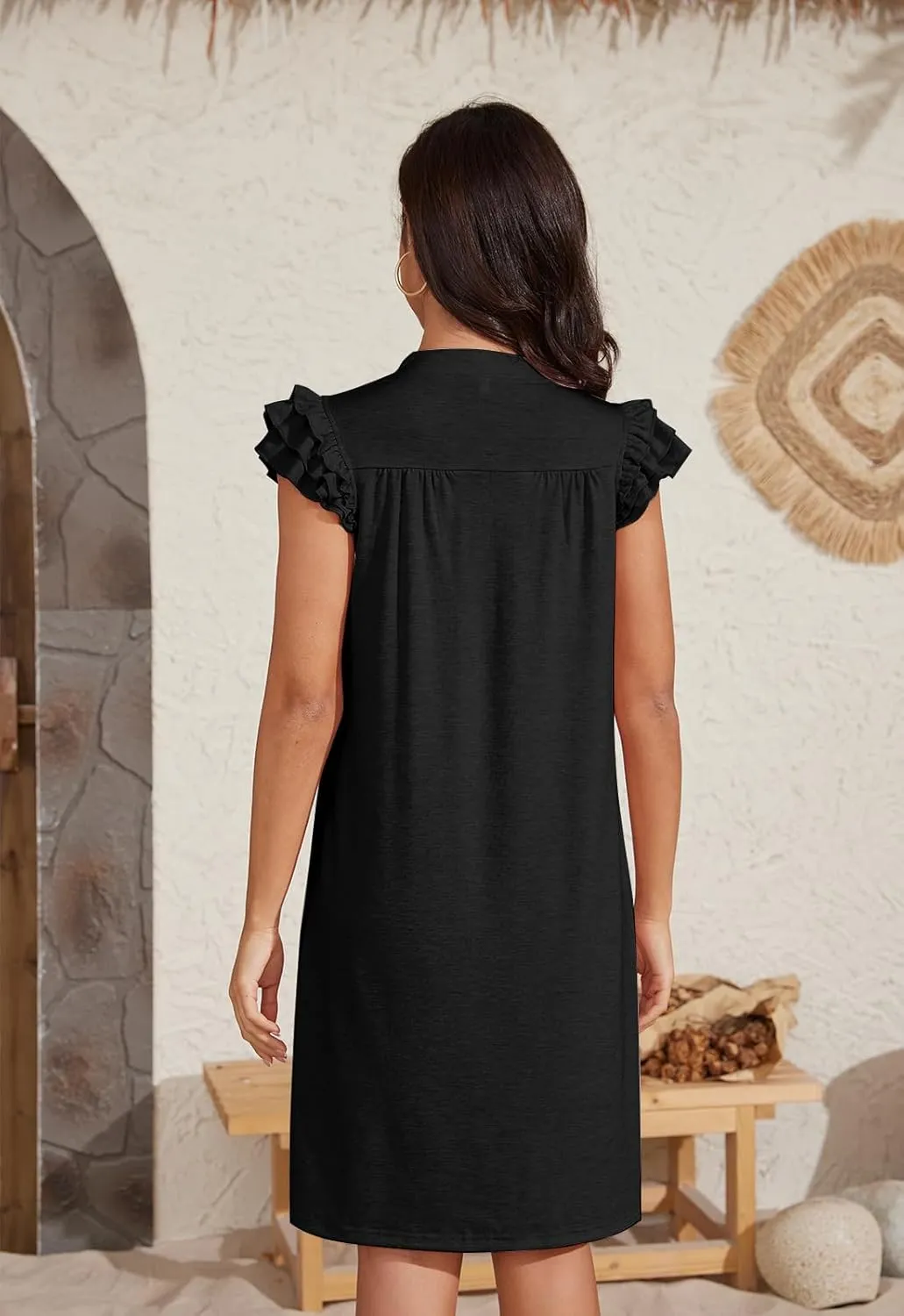 Jayscreate Women's 2025 Ruffle Sleeve A-line Dress T Shirt Flowy Swing Short Sleeve Summer Casual Beach Dress Sundress