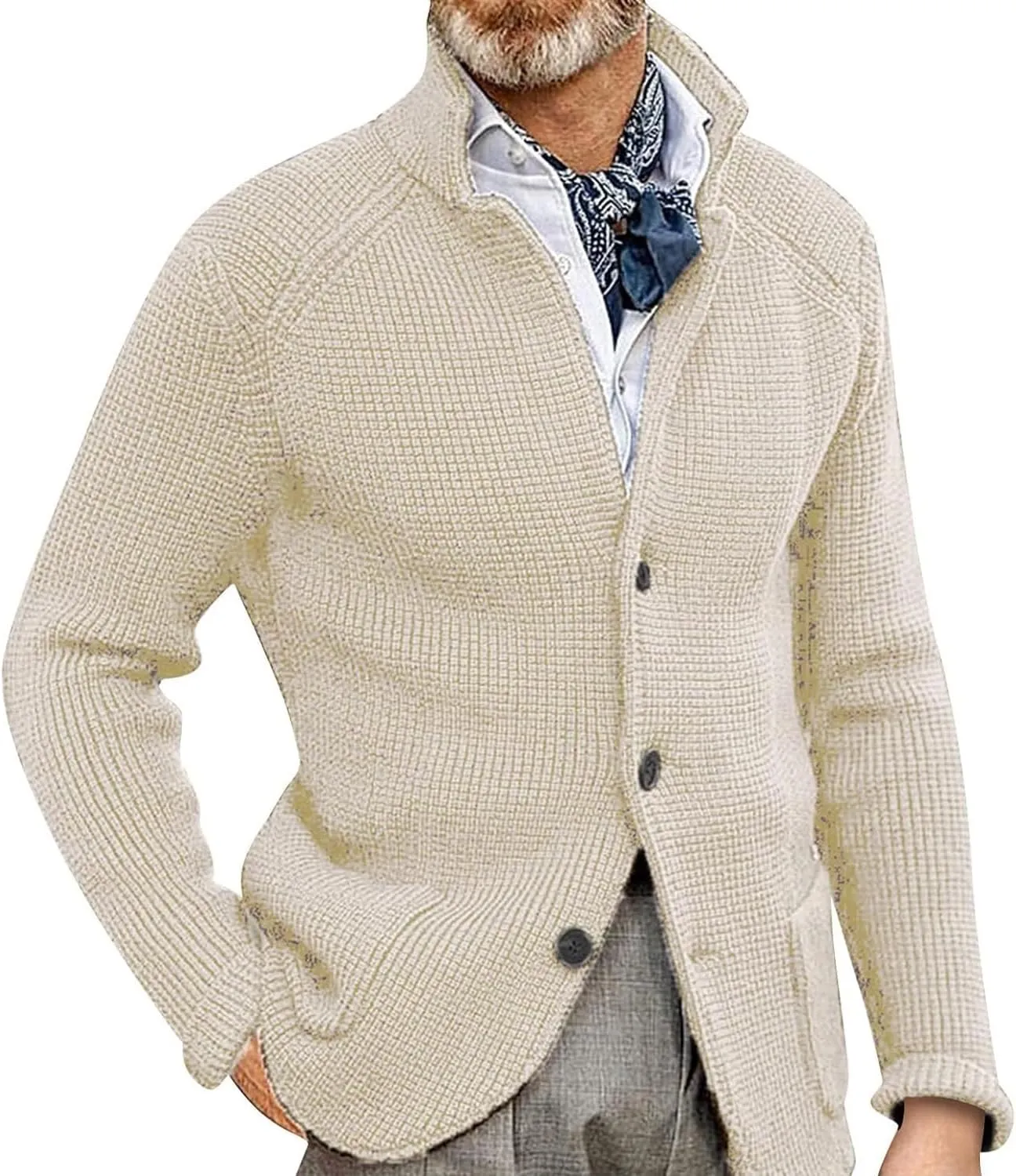 JEsilunmaMY Mens Solid Color Waffle Knit Cardigan Casual Button Up Pocket Blazer Jacket Fall Winter Slim Fit Sweater Coat