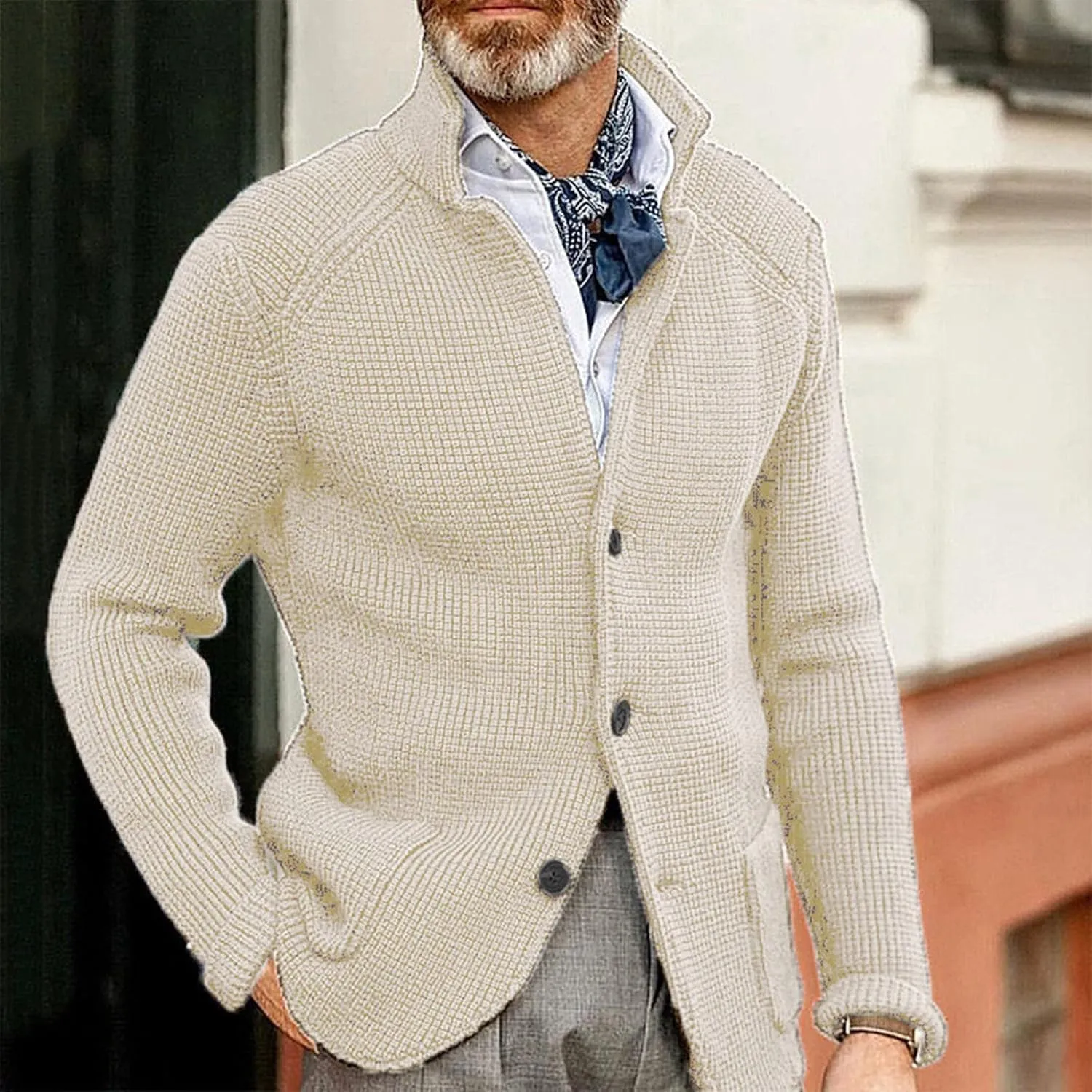 JEsilunmaMY Mens Solid Color Waffle Knit Cardigan Casual Button Up Pocket Blazer Jacket Fall Winter Slim Fit Sweater Coat
