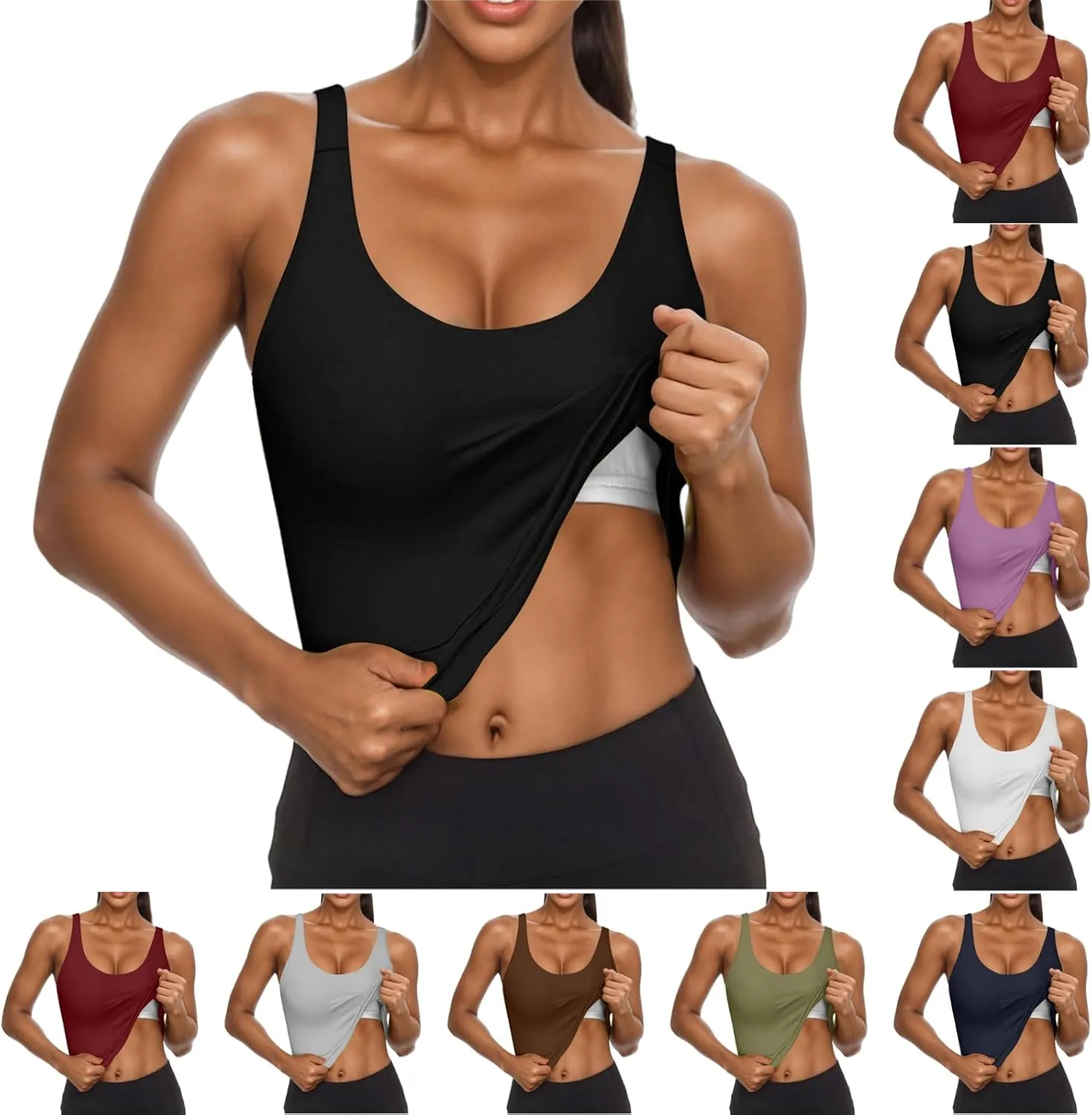 JIEMUXIU Built in Bra Tank Tops for Women 2025 Casual Scoop Neck Sleeveless Tees Basic Workout Top Camisole Undershirts