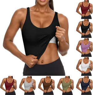 JIEMUXIU Built in Bra Tank Tops for Women 2025 Casual Scoop Neck Sleeveless Tees Basic Workout Top Camisole Undershirts