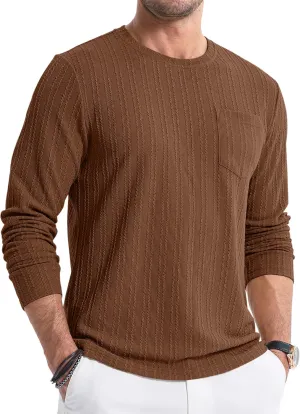 JMIERR Men's Long Sleeve Shirts Casual Crewneck Pullover T-Shirt Stretch Textured Knit Tee with Pocket