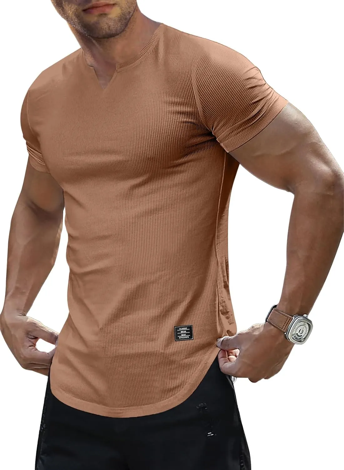 JMIERR Mens Muscle Slim T Shirt V-Neck Longline Henley Shirt Gym Workout Athletic Tee Shirts