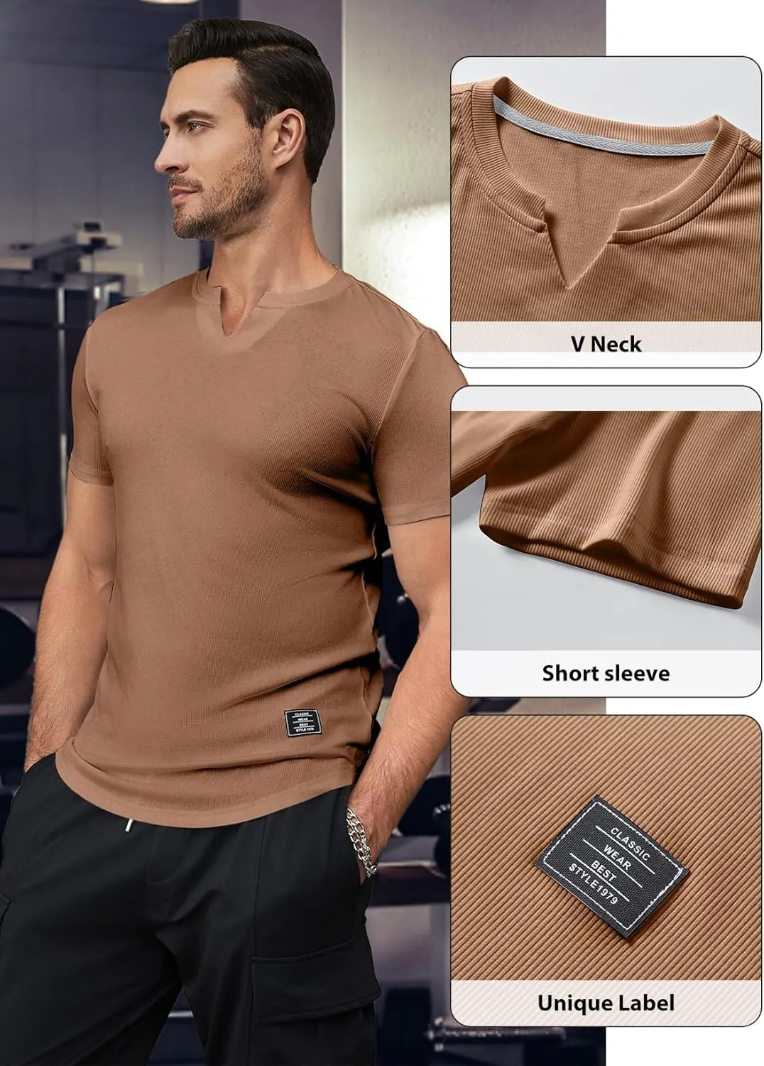 JMIERR Mens Muscle Slim T Shirt V-Neck Longline Henley Shirt Gym Workout Athletic Tee Shirts