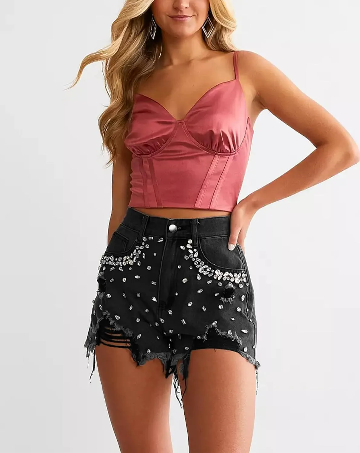Kedera Women's Rhinestone Denim Shorts Jeans Shorts with Rhinestones High Waist Stretch Shorts Frayed Ripped Denim Shorts