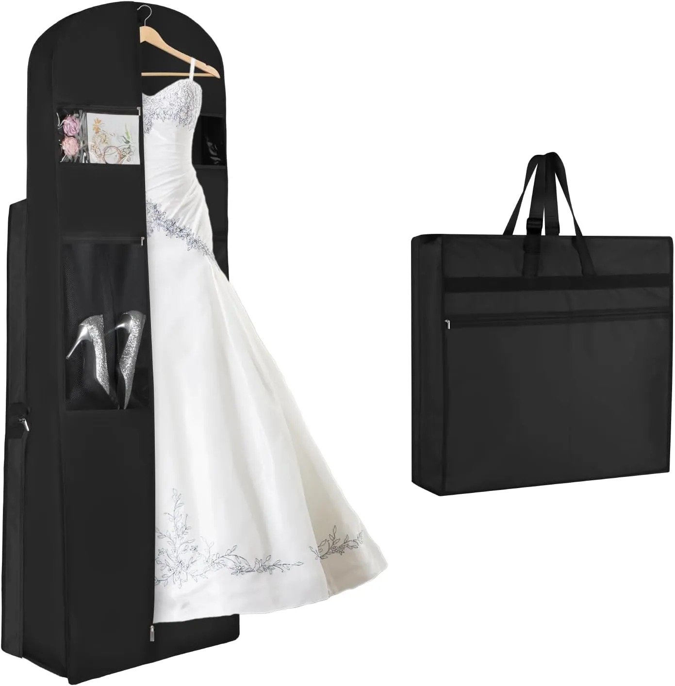 KEEGH Wedding Dress Garment Bag, 72 Tri-fold Bridal Dress Bags for Gowns, With Accessory Pockets and Adjustable Buckle Dress Cover for Wedding/Prom/Travel/Closet Storage (Black)