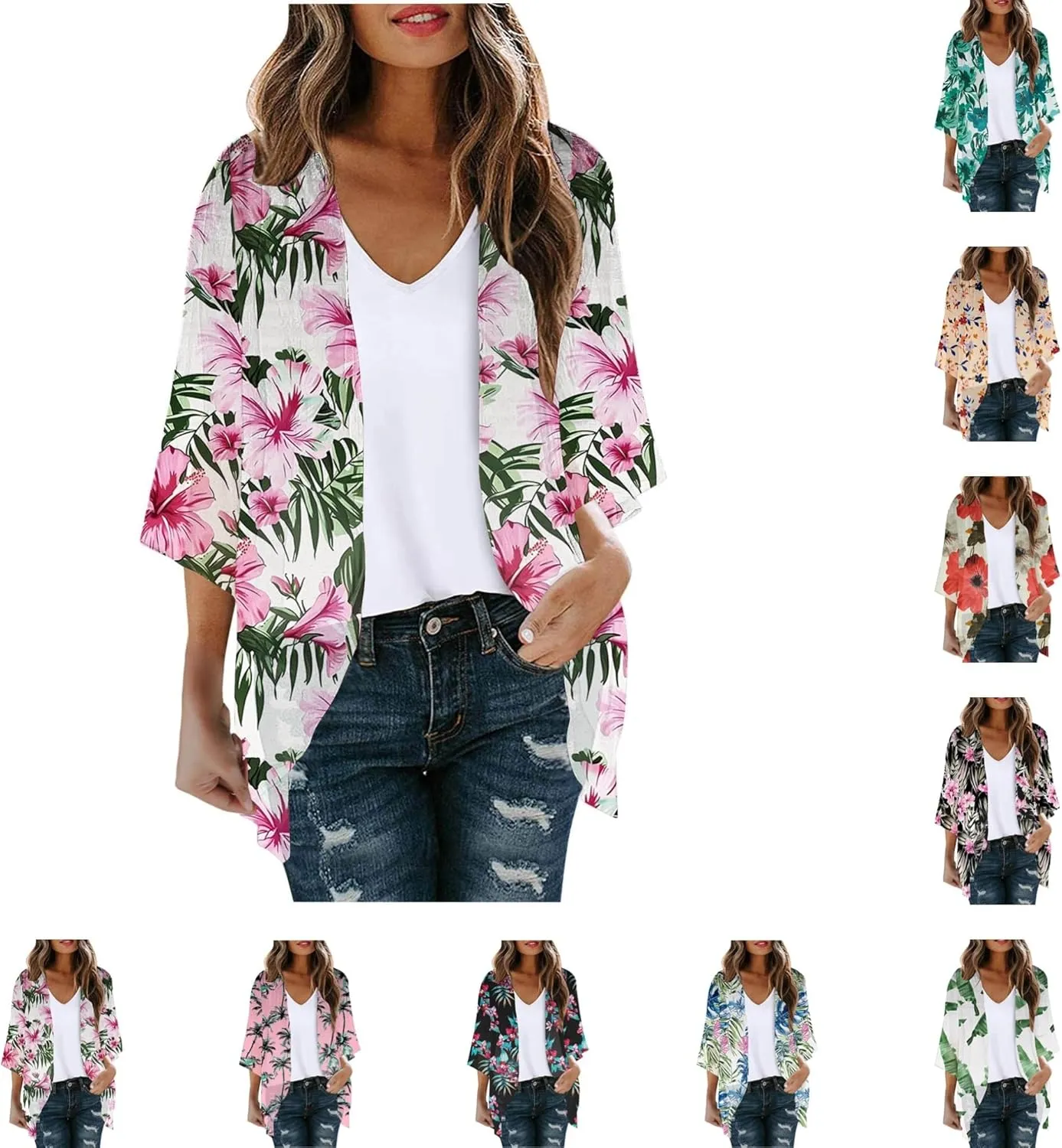 Kimono Cardigans for Women Floral Print Hawaiian Beach Cover Up Puff Sleeve Chiffon Blouse Cruise Outfits Summer Tops