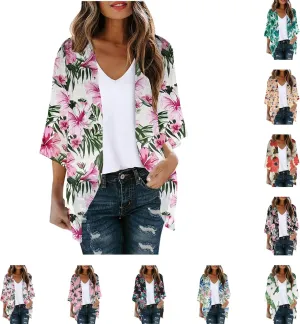 Kimono Cardigans for Women Floral Print Hawaiian Beach Cover Up Puff Sleeve Chiffon Blouse Cruise Outfits Summer Tops