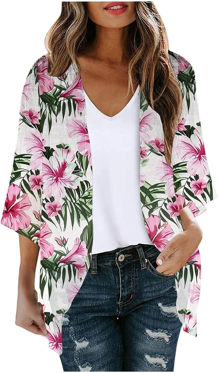 Kimono Cardigans for Women Floral Print Hawaiian Beach Cover Up Puff Sleeve Chiffon Blouse Cruise Outfits Summer Tops