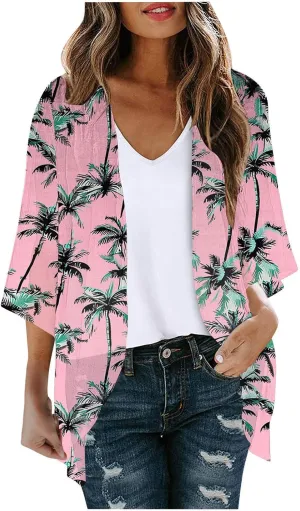 Kimono Cardigans for Women Floral Print Hawaiian Beach Cover Up Puff Sleeve Chiffon Blouse Cruise Outfits Summer Tops