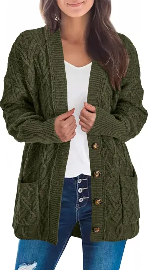 KIRUNDO Women 2024 Fall Winter Oversized Button Down Cable Knit Cardigan Casual Long Sleeve Open Front Chunky Sweater Coat