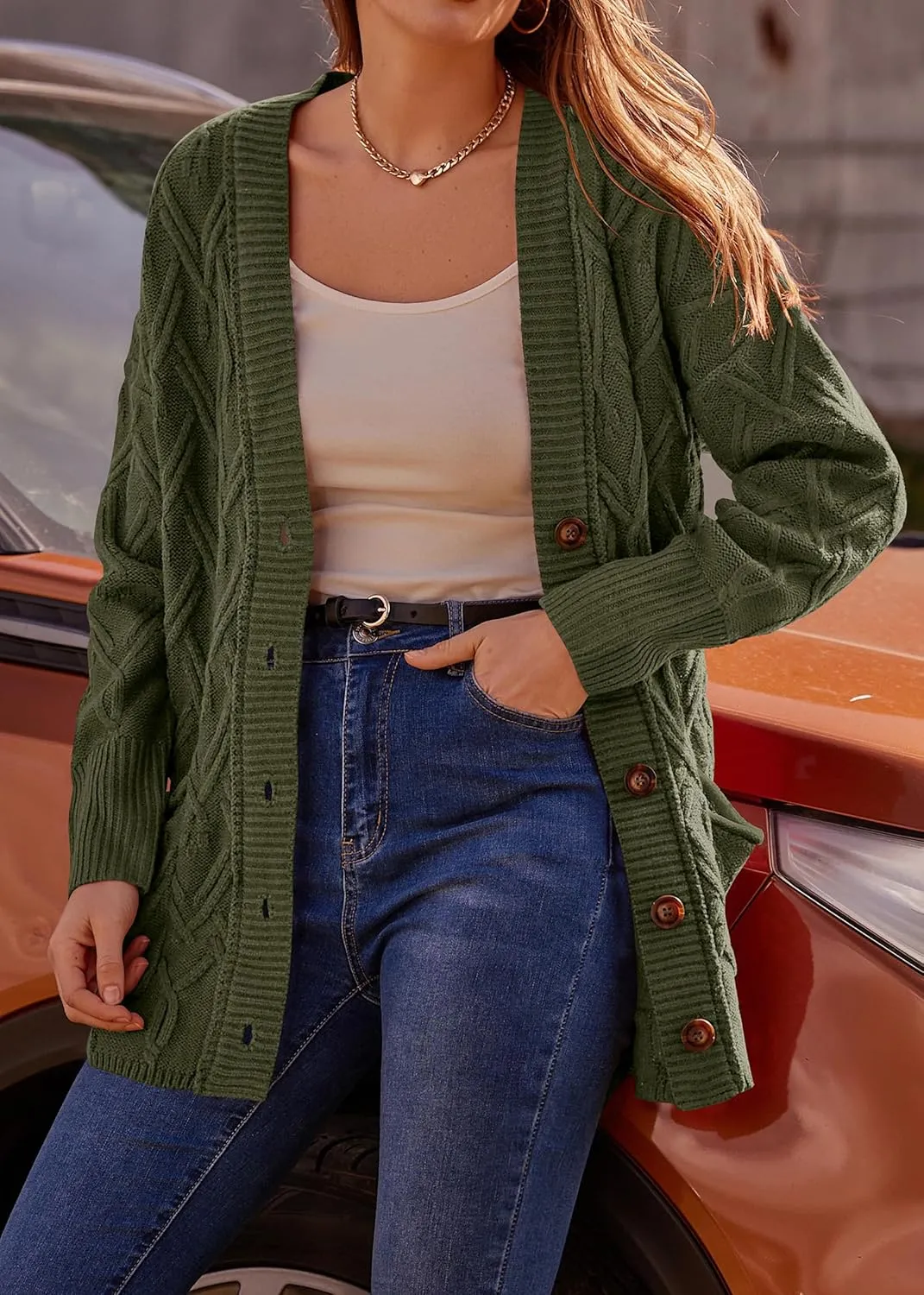 KIRUNDO Women 2024 Fall Winter Oversized Button Down Cable Knit Cardigan Casual Long Sleeve Open Front Chunky Sweater Coat