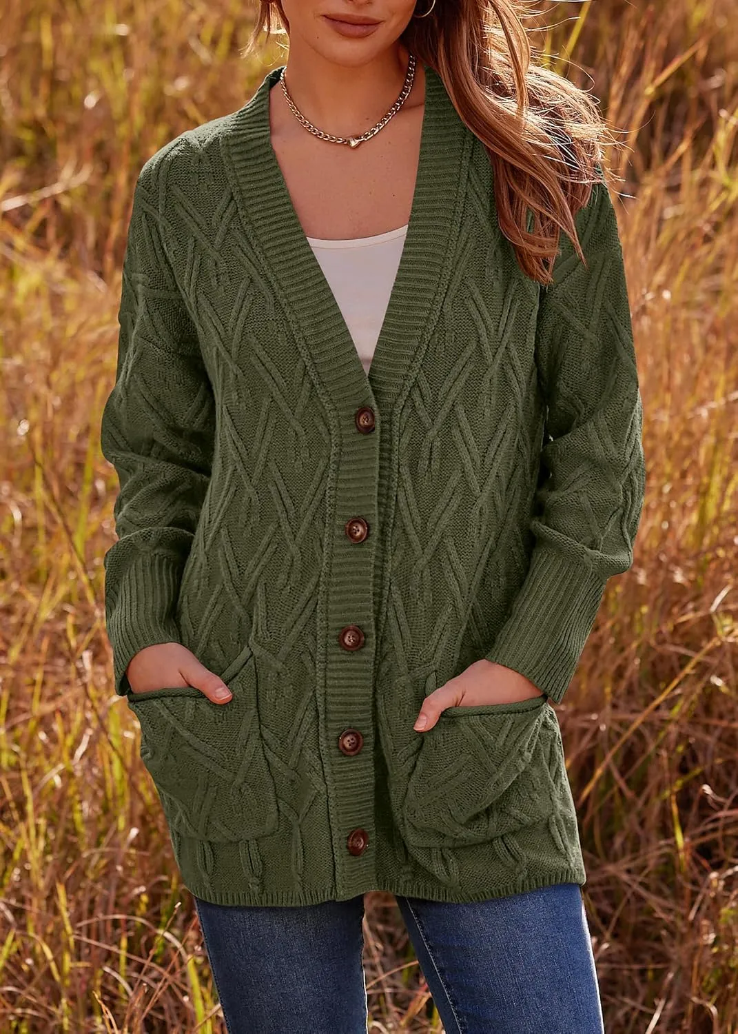 KIRUNDO Women 2024 Fall Winter Oversized Button Down Cable Knit Cardigan Casual Long Sleeve Open Front Chunky Sweater Coat