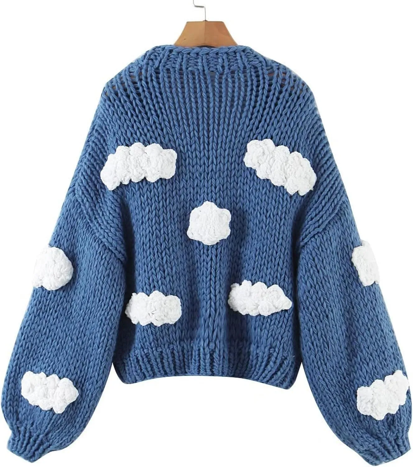 Knitted Cardigans for Women Hand Made 3D Floral Cardigan Lantern Long Sleeve Cropped Sweater Tops Retro V-Neck Knitwear