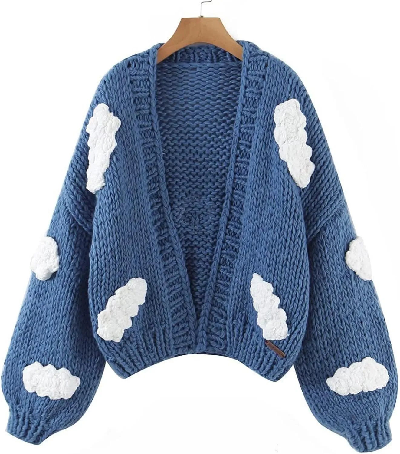 Knitted Cardigans for Women Hand Made 3D Floral Cardigan Lantern Long Sleeve Cropped Sweater Tops Retro V-Neck Knitwear