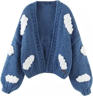 Knitted Cardigans for Women Hand Made 3D Floral Cardigan Lantern Long Sleeve Cropped Sweater Tops Retro V-Neck Knitwear