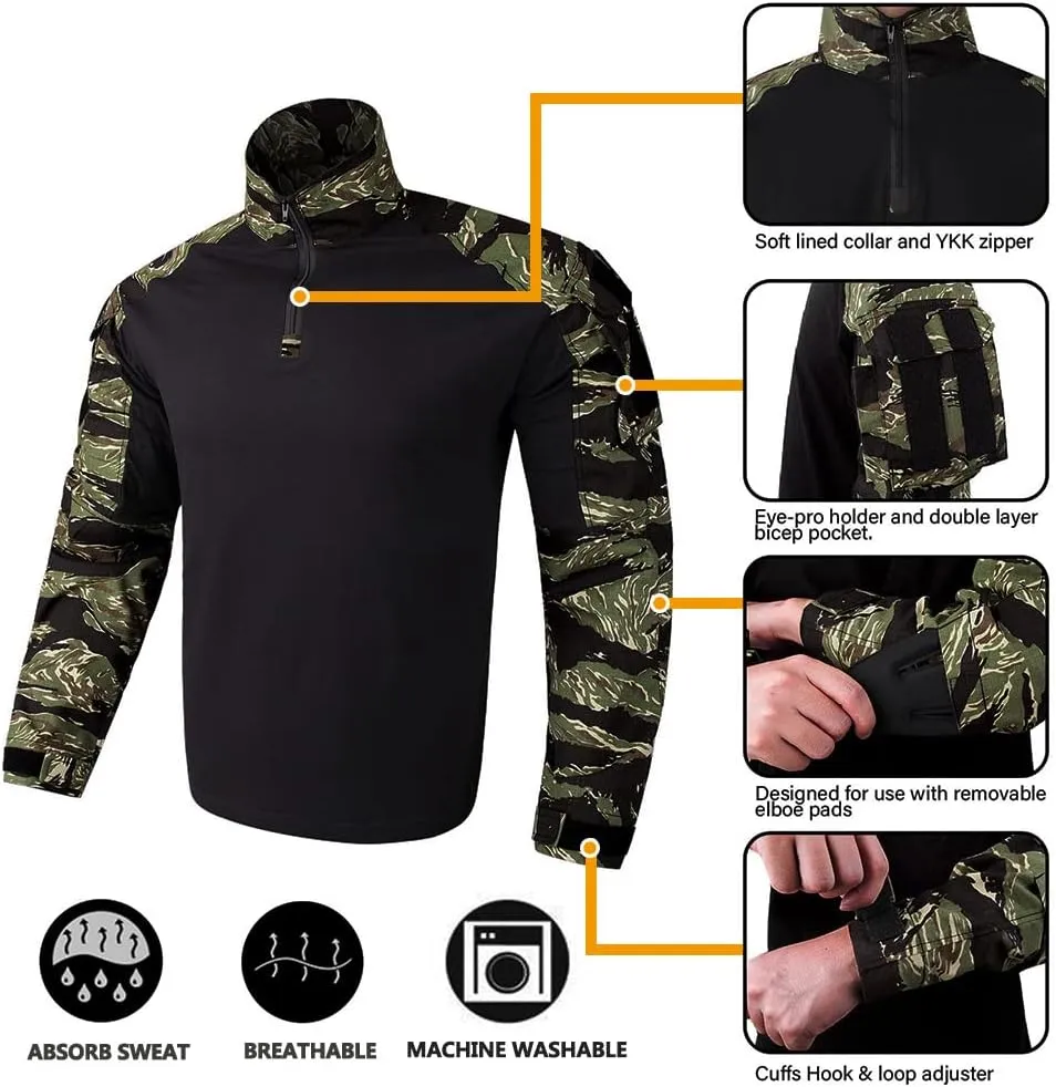 KRYDEX Tactical Men's Combat Shirt Rapid Assault Long Sleeve Shirt with Elbow Pads