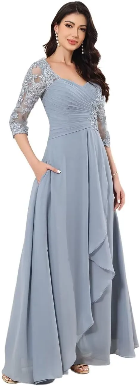 Lace Appliques Mother of Bride Dress with Pocket A Line Ruffle 3/4 Sleeveless Prom Gown for Women
