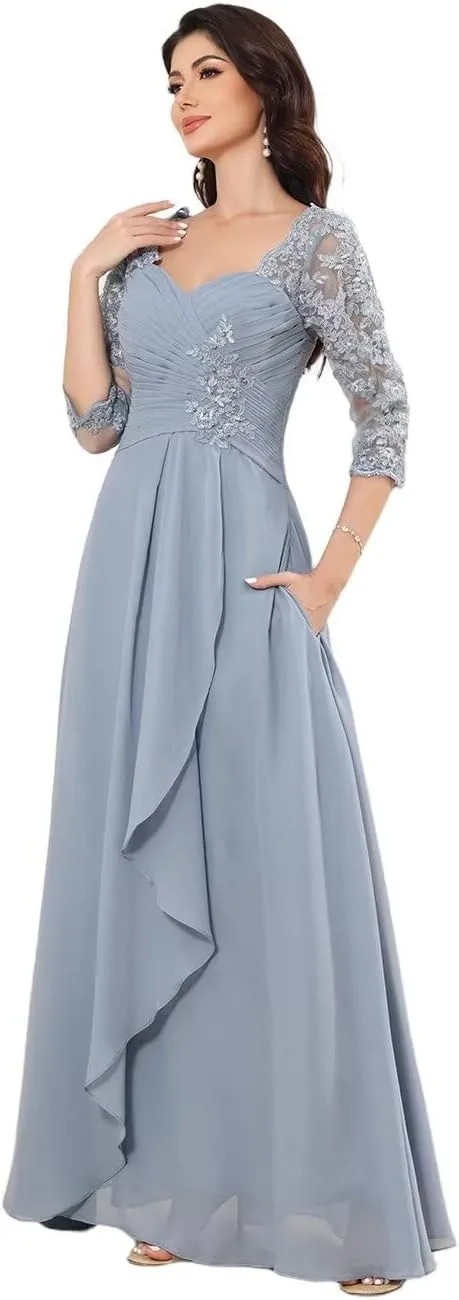 Lace Appliques Mother of Bride Dress with Pocket A Line Ruffle 3/4 Sleeveless Prom Gown for Women