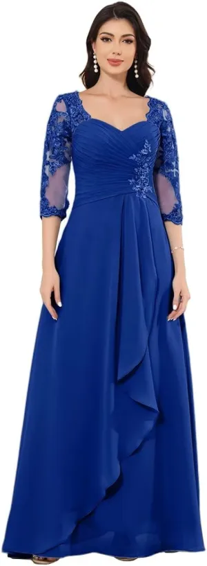 Lace Appliques Mother of Bride Dress with Pocket A Line Ruffle 3/4 Sleeveless Prom Gown for Women