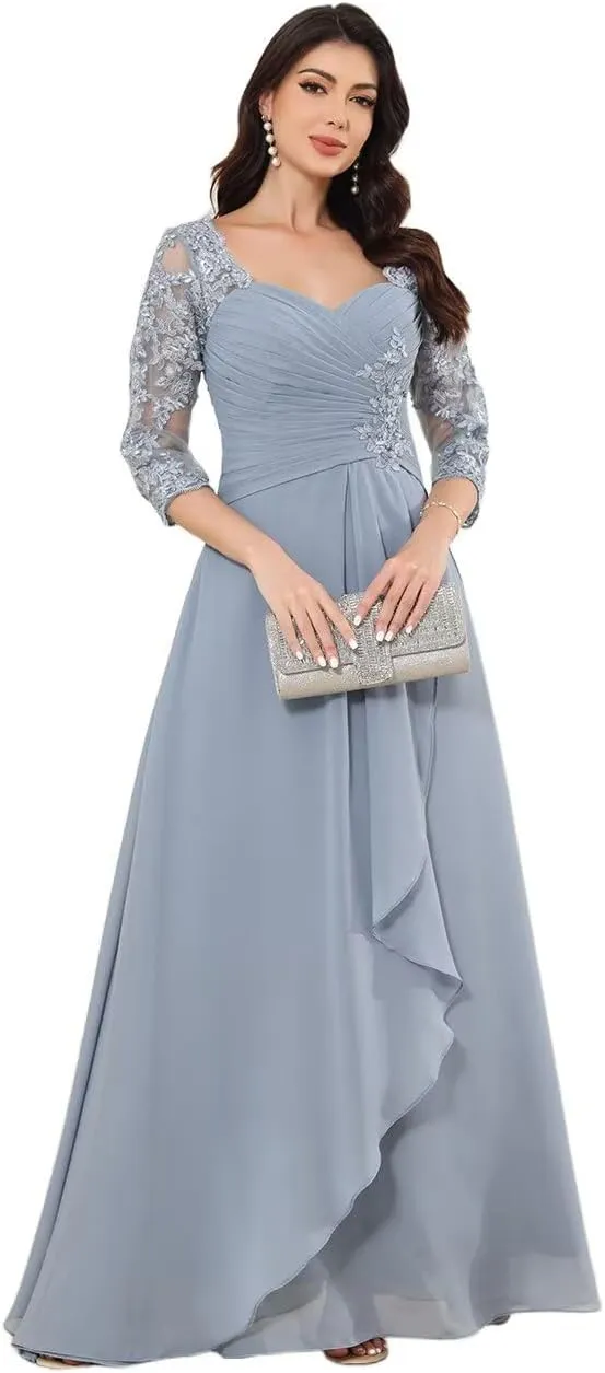 Lace Appliques Mother of Bride Dress with Pocket A Line Ruffle 3/4 Sleeveless Prom Gown for Women