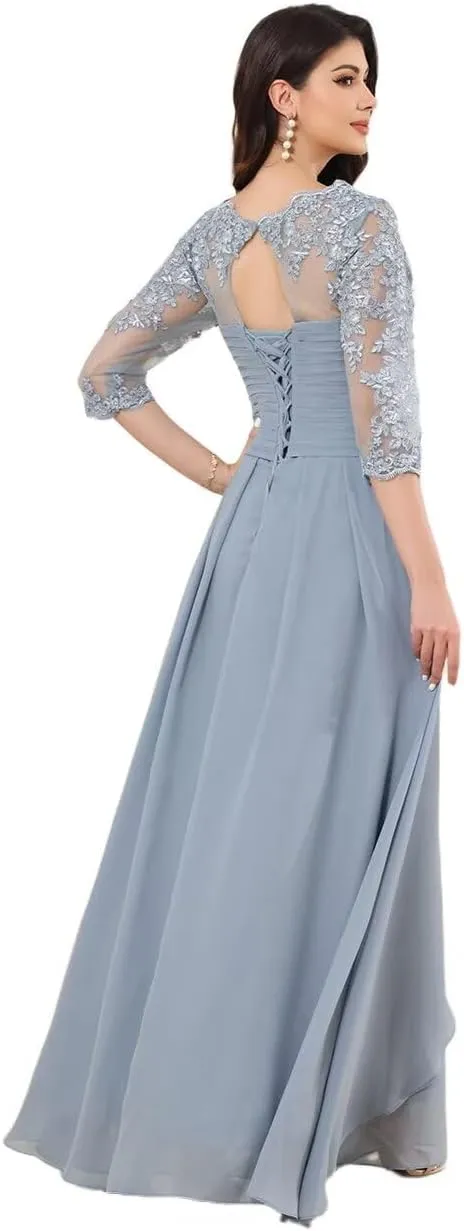 Lace Appliques Mother of Bride Dress with Pocket A Line Ruffle 3/4 Sleeveless Prom Gown for Women