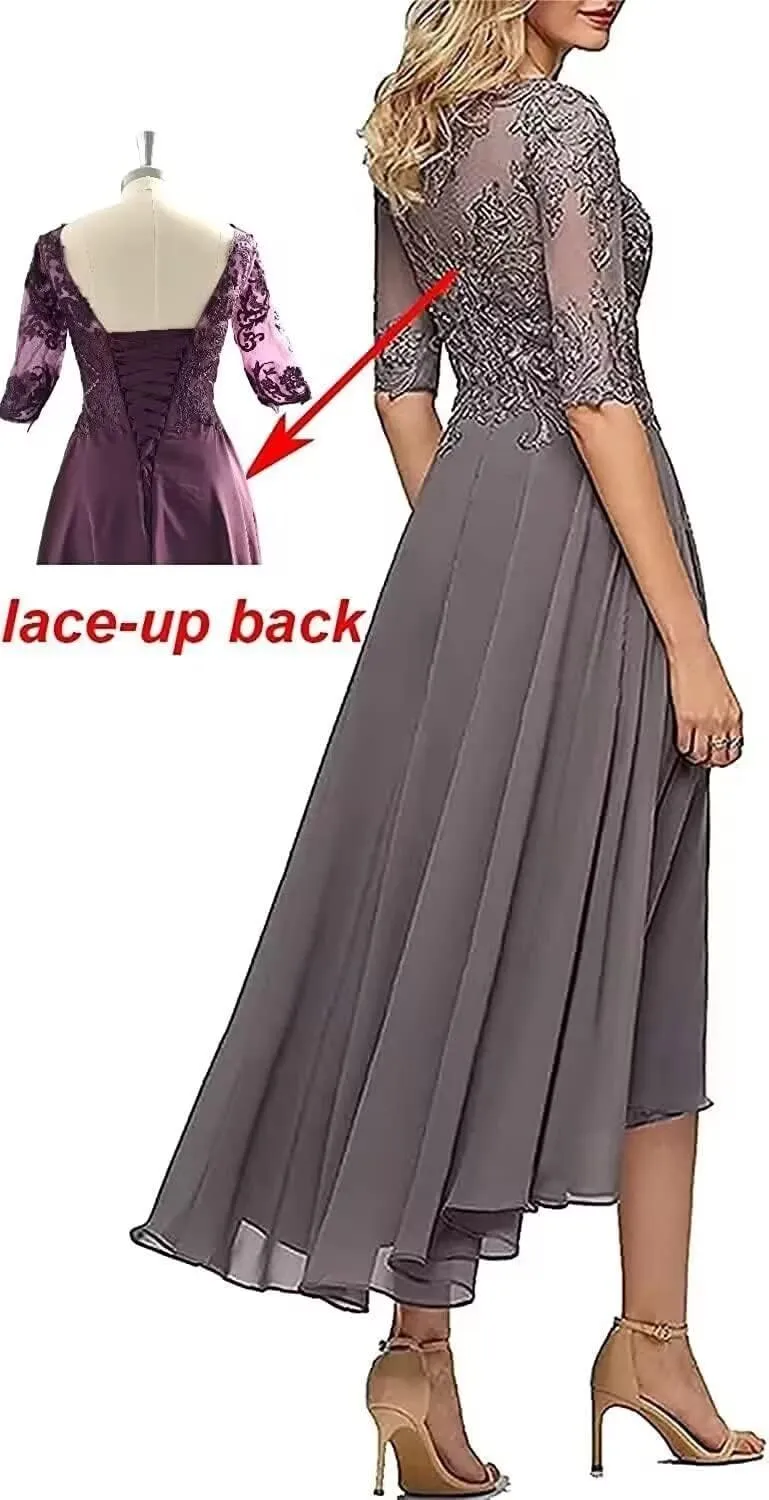 Lace Appliques Mother of The Bride Dresses Tea Length 3/4 Sleeves Chiffon Formal Evening Gown for Wedding Guest