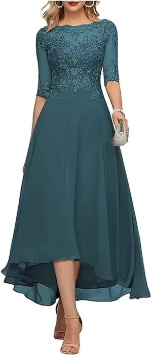 Lace Appliques Mother of The Bride Dresses Tea Length 3/4 Sleeves Chiffon Formal Evening Gown for Wedding Guest