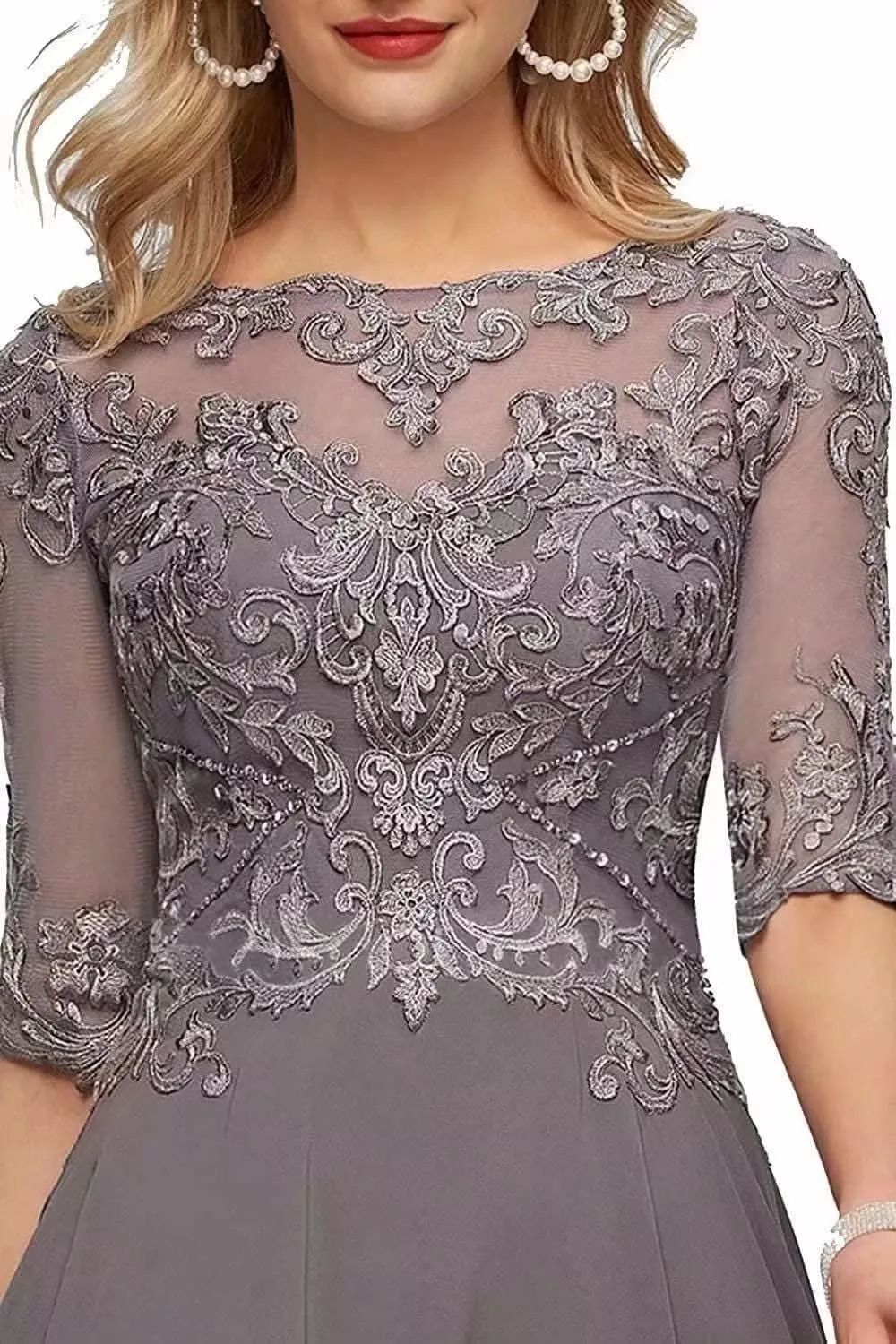 Lace Appliques Mother of The Bride Dresses Tea Length 3/4 Sleeves Chiffon Formal Evening Gown for Wedding Guest