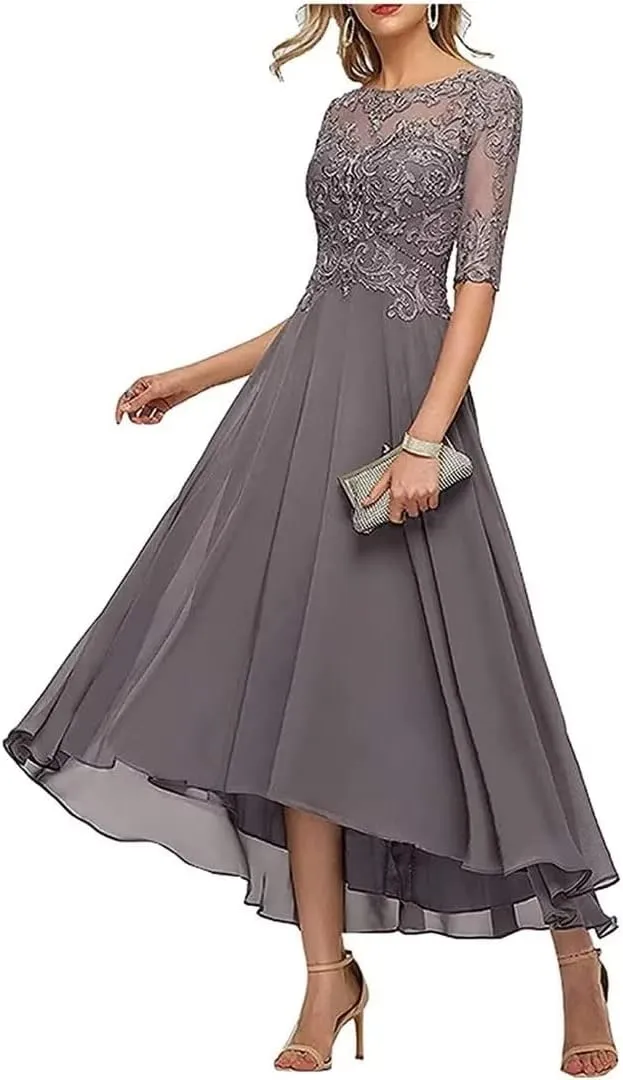 Lace Appliques Mother of The Bride Dresses Tea Length 3/4 Sleeves Chiffon Formal Evening Gown for Wedding Guest