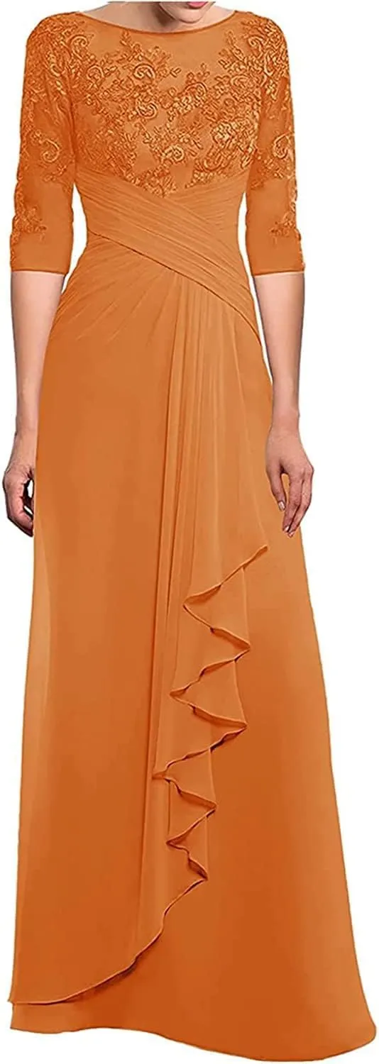 Laces Applique Pleated Chiffon Mother of The Bride Dress Half Sleeve Long Ruffle Formal Evening Dress for Mom CA74