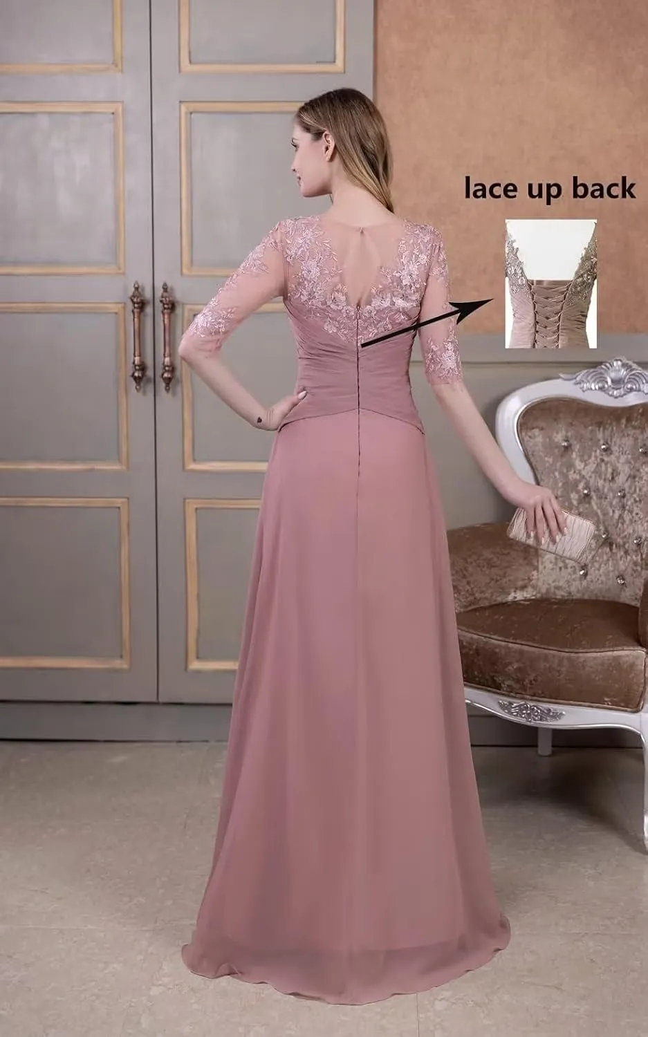 Laces Applique Pleated Chiffon Mother of The Bride Dress Half Sleeve Long Ruffle Formal Evening Dress for Mom CA74