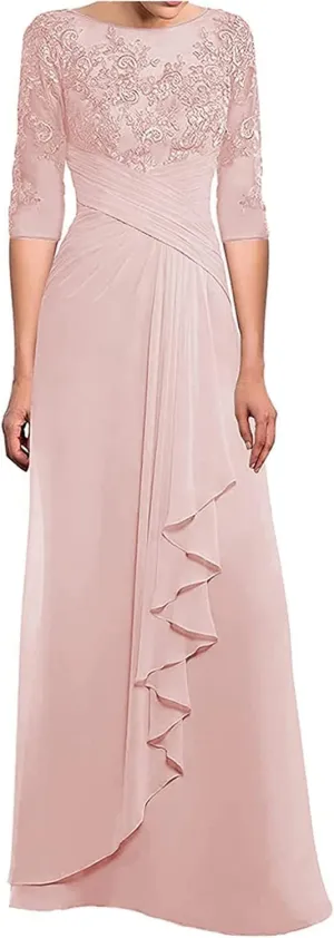 Laces Applique Pleated Chiffon Mother of The Bride Dress Half Sleeve Long Ruffle Formal Evening Dress for Mom CA74