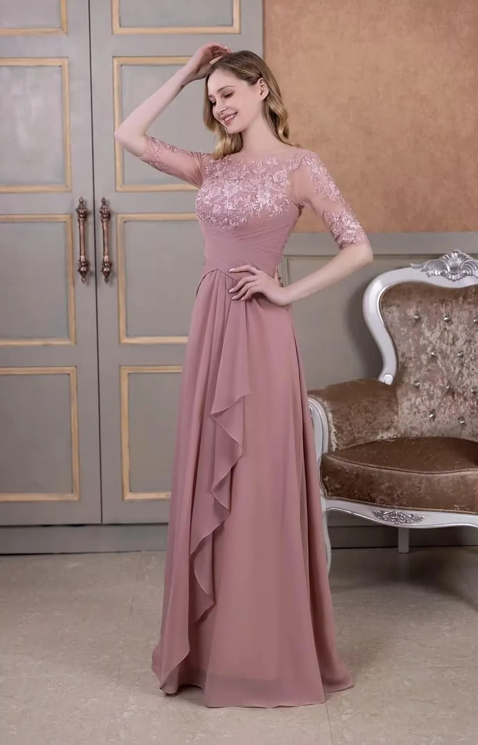 Laces Applique Pleated Chiffon Mother of The Bride Dress Half Sleeve Long Ruffle Formal Evening Dress for Mom CA74