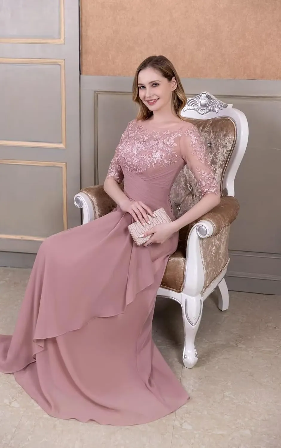 Laces Applique Pleated Chiffon Mother of The Bride Dress Half Sleeve Long Ruffle Formal Evening Dress for Mom CA74