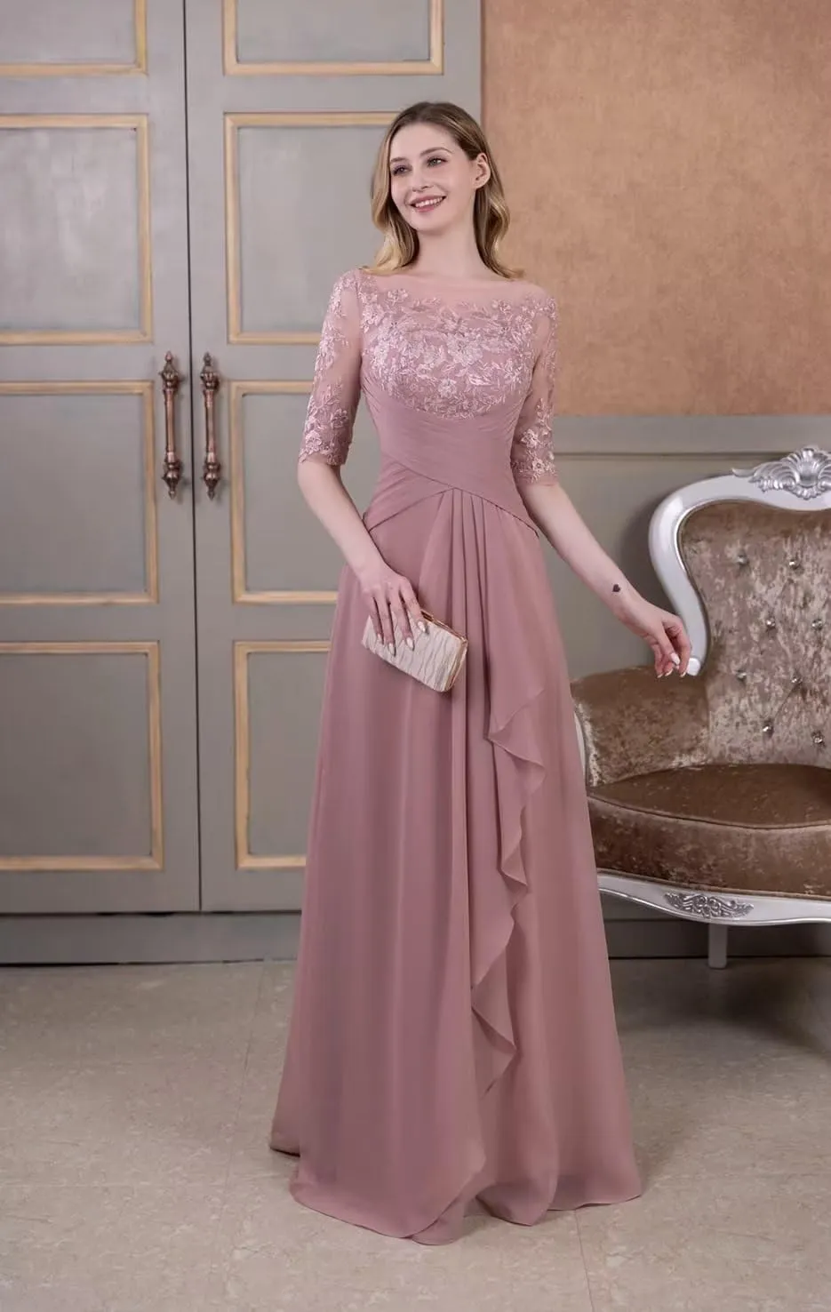 Laces Applique Pleated Chiffon Mother of The Bride Dress Half Sleeve Long Ruffle Formal Evening Dress for Mom CA74