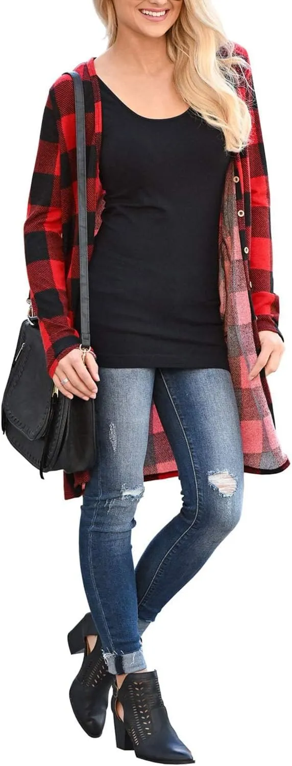 Lacozy Women's Open Front Long Cardigan Draped Snap Buffalo Plaid Shirt Kimono Cardigan Knit Sweater