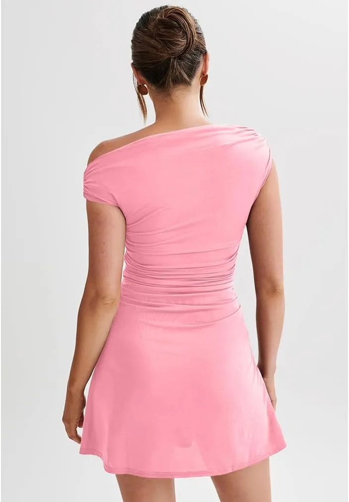 LAGSHIAN Women's Summer Off Shoulder Trendy Ruched Stretch Bodycon Cocktail Party Flare Mini Dress