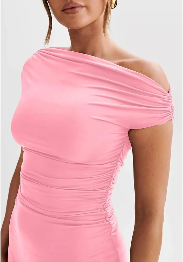 LAGSHIAN Women's Summer Off Shoulder Trendy Ruched Stretch Bodycon Cocktail Party Flare Mini Dress
