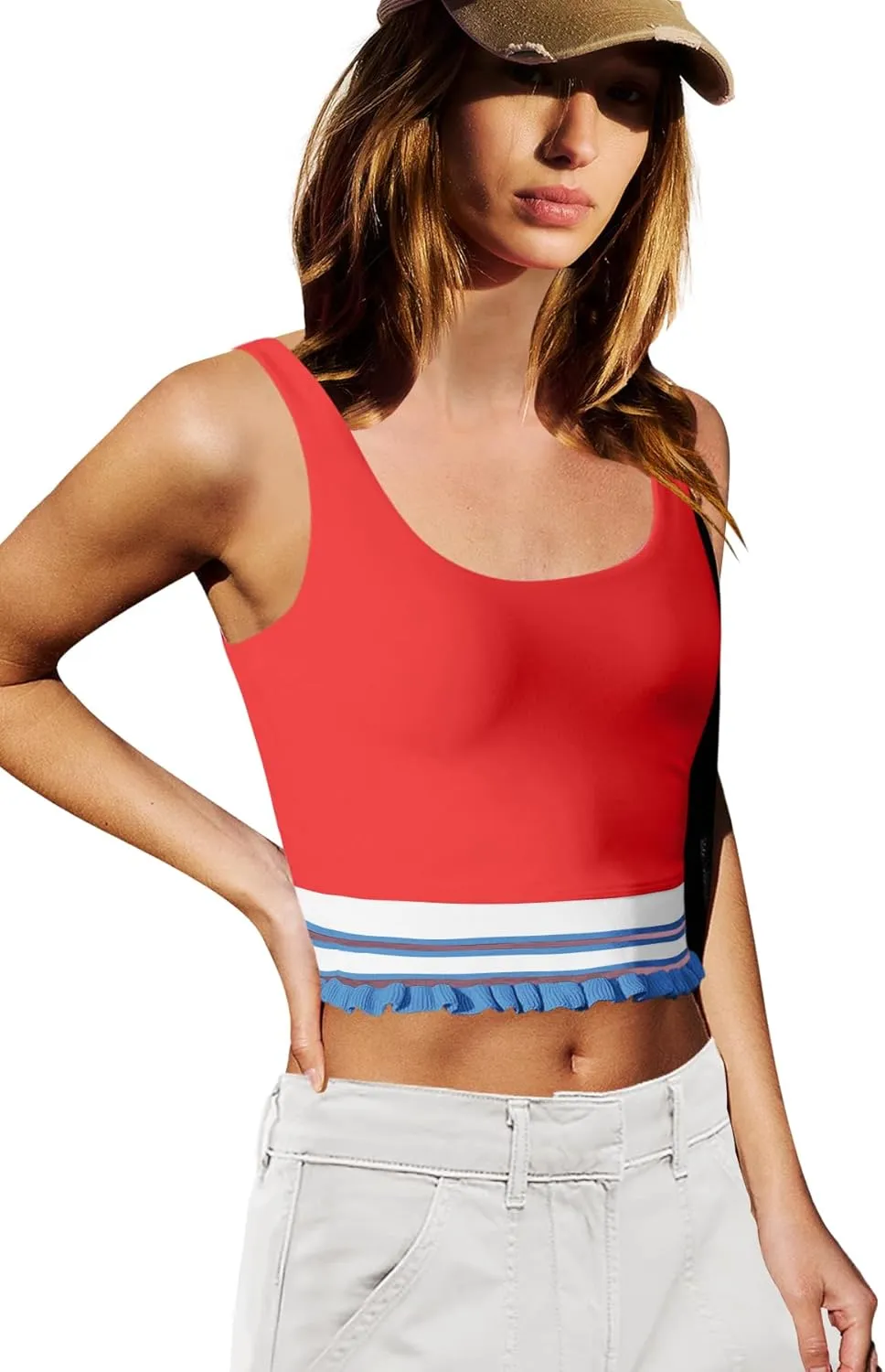 LAMISSCHE Womens Cropped Tank Tops Workout Padded Sports Bra Athletic Yoga Gym Tops Striped Ruffle Camisole