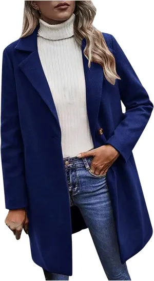 Lastesso Women's Solid Long Sleeve Trench Coat Open Front Loose Fit Cardigans Plaid Lapel Notched Collar Outerwear Comfy Coat