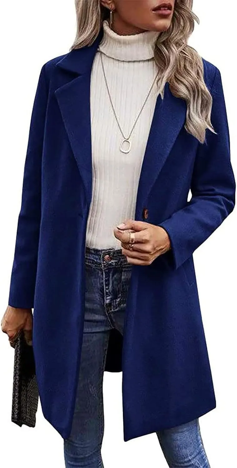 Lastesso Women's Solid Long Sleeve Trench Coat Open Front Loose Fit Cardigans Plaid Lapel Notched Collar Outerwear Comfy Coat