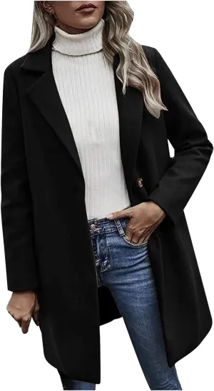 Lastesso Women's Solid Long Sleeve Trench Coat Open Front Loose Fit Cardigans Plaid Lapel Notched Collar Outerwear Comfy Coat